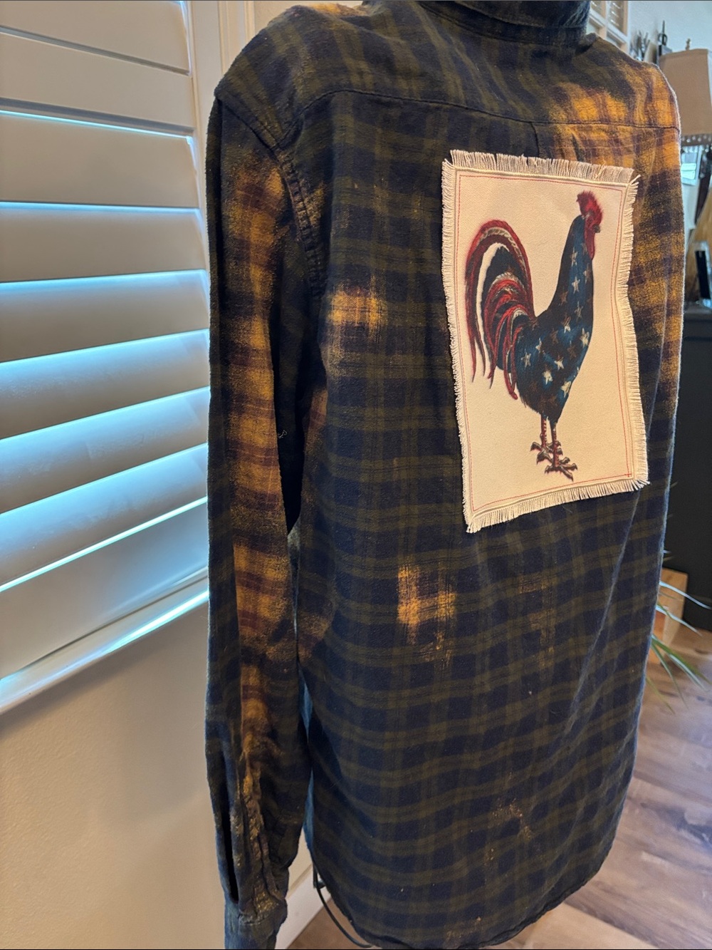 Handmade one of a kind distressed Plaid Rooster Patch Flannel Shirt - Picture 3 of 8